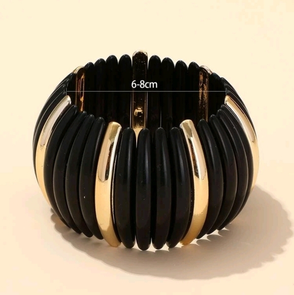 💖 2/$30 Chunky Gold & Black Stretch Cuff Bracelet Statement Bangle Stackable - Picture 7 of 9